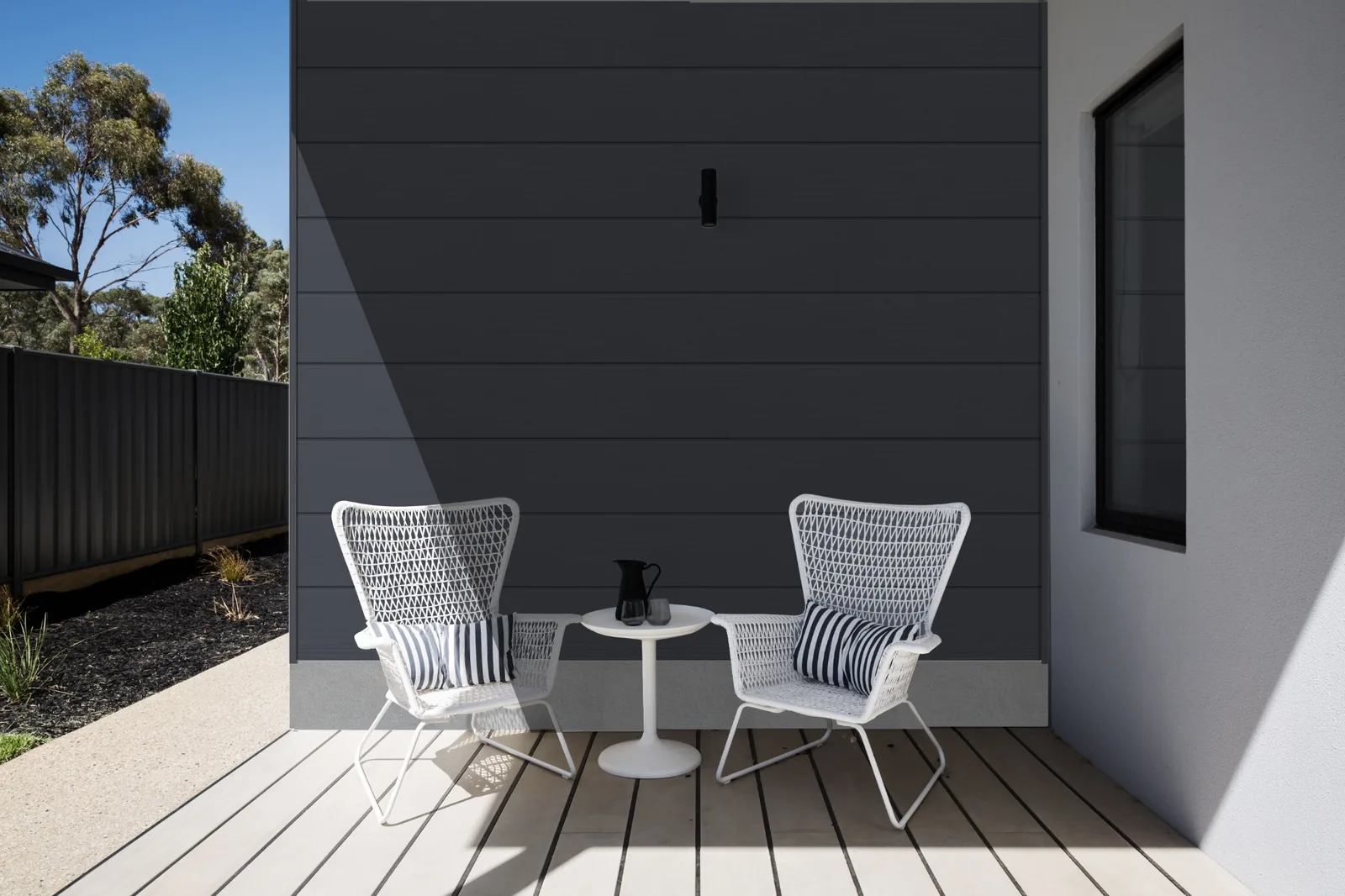 Fortex Clic horizontal slate grey cladding on a garden seating area wall